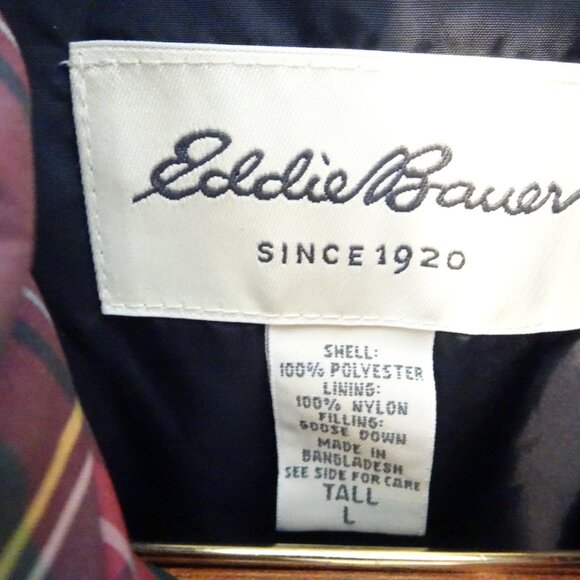 Eddie Bauer Red Plaid Down Filled Puffer Jacket L Tall Warm Winter Coat Casual - Picture 4 of 6